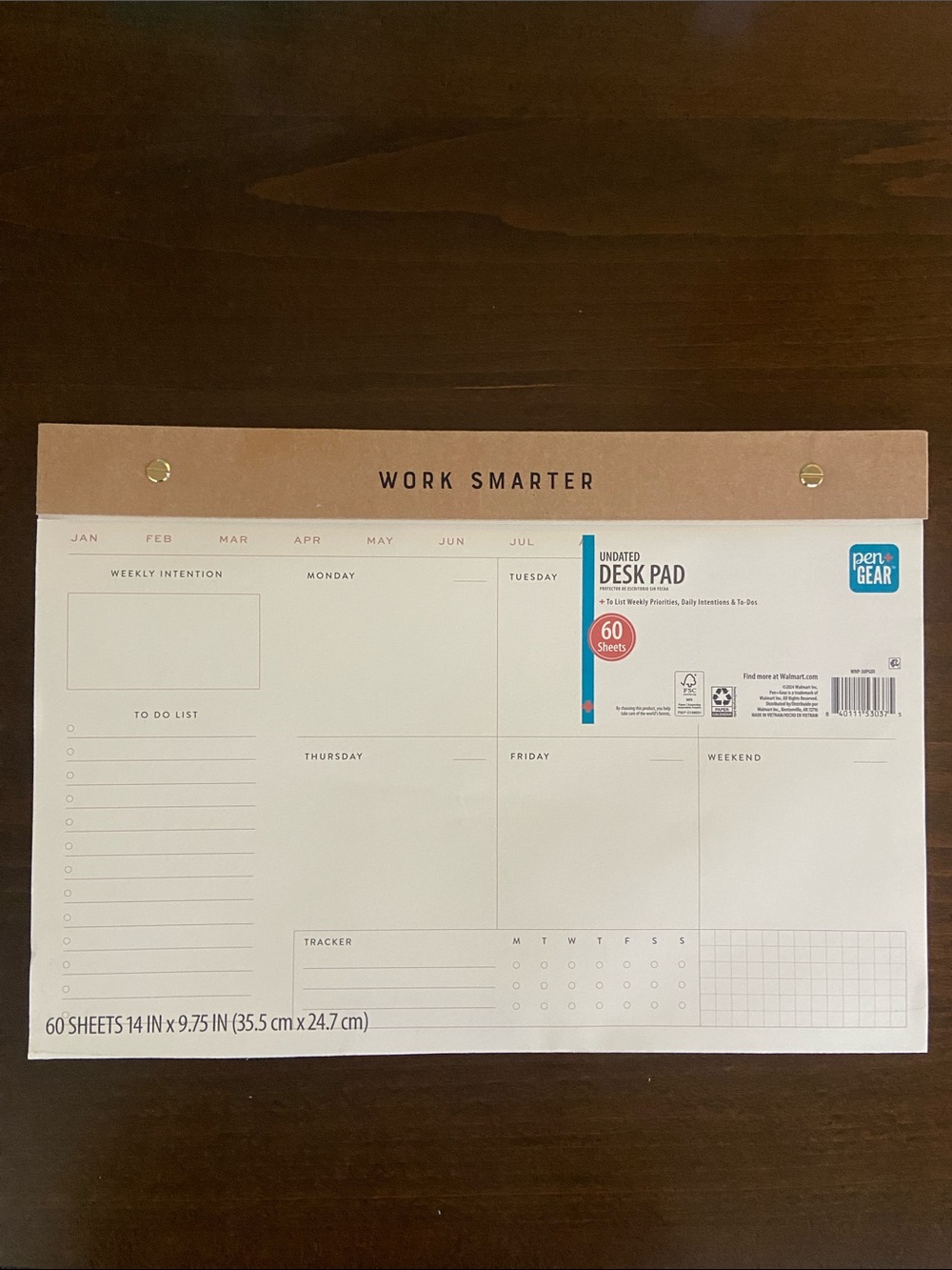 'Work Smarter' Beige & Brown w/ Gold Brads, Undated Desk Pad-Calendar. New
